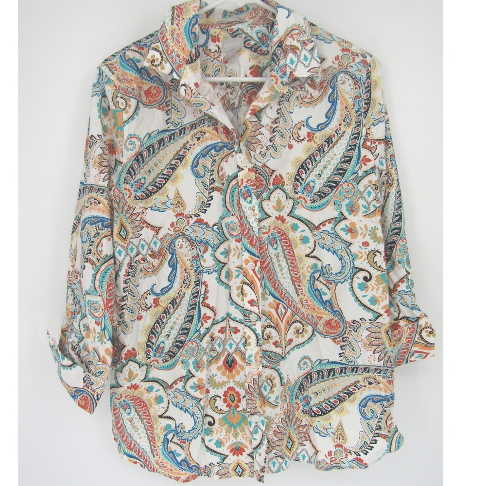 Chico's Button Down Shirt Womens 2 White Paisley No-Iron Chic Stretch Blouse - Picture 2 of 10